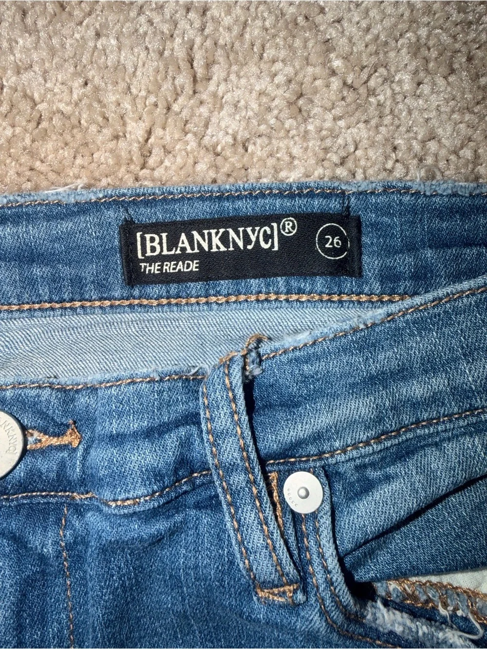 Blank NYC Blue Distressed Flare Jeans with Multicolor Ruffle Cuffs